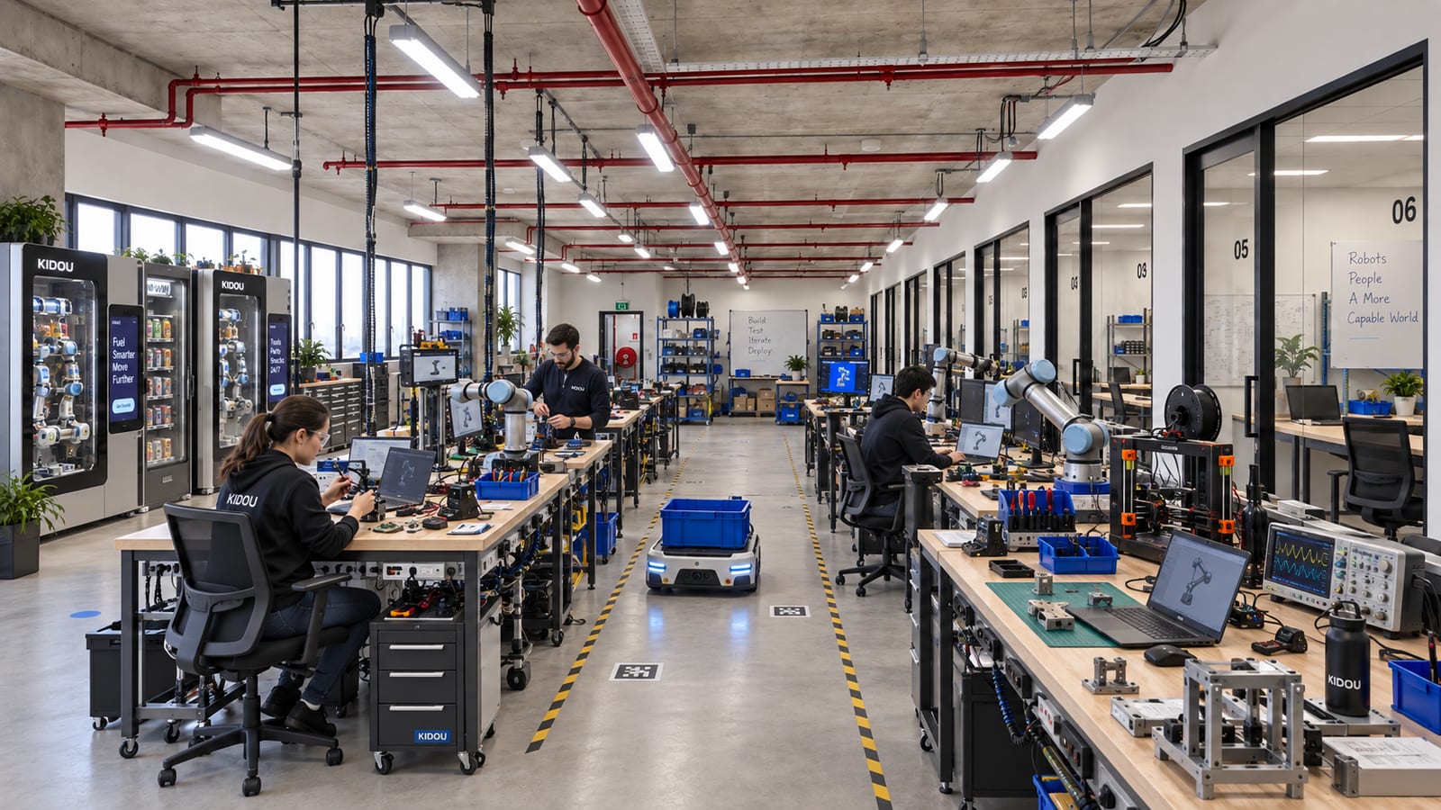 Illustrative render of small hardware teams at workbenches with mobile robots on an open industrial floor